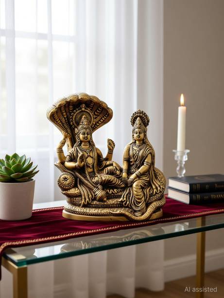 sanskaari laxmi vishnu idol, Lakshmi Vishnu Ji , Gold, Standard,Brass Lord Laxmi,Vishnu Decorative Showpiece  -  12 cm