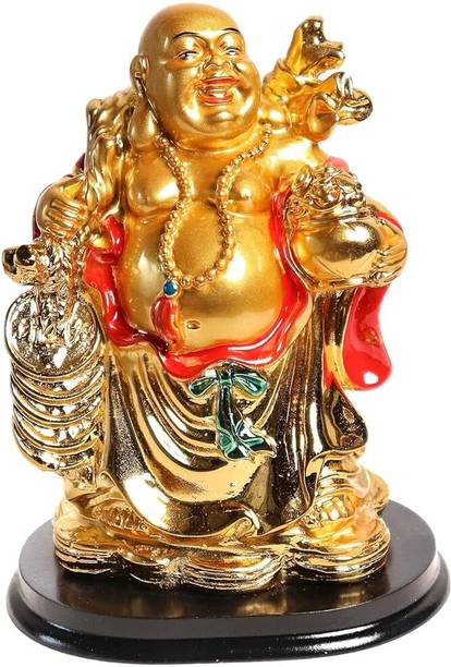 The Spiritual Living Golden Feng Shui Laughing Buddha Statue with Coin Chain and Wu Lou | Decorative Showpiece  -  12.7 cm