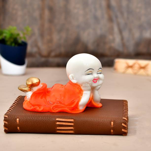 Ascension Handcrafted Cute Child Monk Showpiece Laughing Baby Buddha Best Home Décor Home Office Decor Baby Monk Statue Vaastu (Orange) Decorative Showpiece  -  9.5 cm