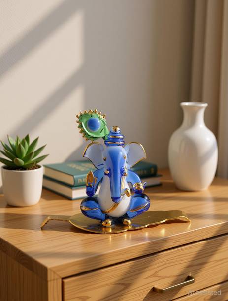 AFAST Blue Morpankhi Blessing Ganesh Shitting On Leaves Decorative Showpiece - 6 cm