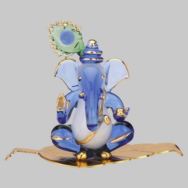 AFAST Blue Morpankhi Blessing Ganesh Shitting On Leaves Decorative Showpiece  -  6 cm
