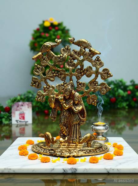 Chhariya Crafts Radha Krishna Standing Under Tree And Playing Flute Idol Metal Statue Decorative Showpiece  -  22 cm