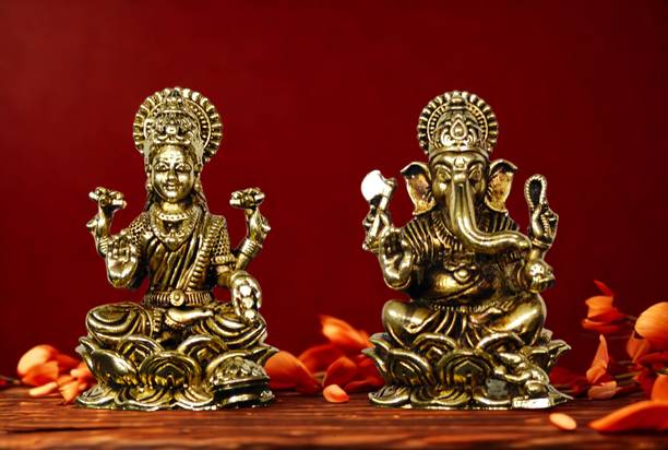 Craftcart Lakshmi Ganesh Brass Idol | Wax Cast & Lightweight | 100% Brass | w: 180g | Decorative Showpiece  -  7 cm