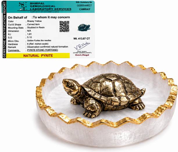 Tej Ganga Natural Raw Pyrite Tortoise with Selenite Charging Bowl Decorative Showpiece  -  3 cm