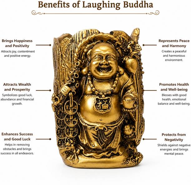 TAMANNAAIOSTORE Crafted Polyresin Laughing Buddha Statue with Pen Stand - 11 cm (Gold) Decorative Showpiece  -  11 cm