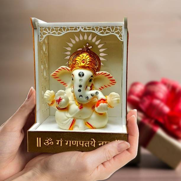 Solobolo Ganesh Idol with Acrylic Mandir for Car Dashboard, Pooja Room, & Office Desk Decorative Showpiece  -  9.6 cm
