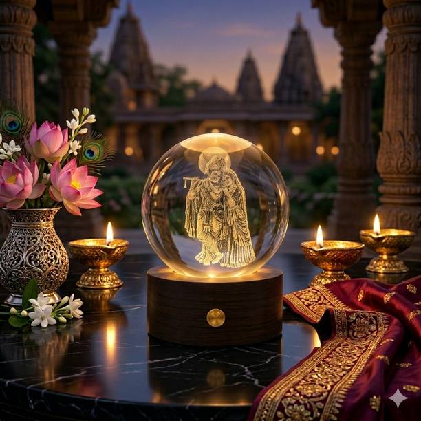 My Face True Nature Luxury Radha Krishna Crystal Ball Lamp Decorative LED Night Light Gift Decorative Showpiece  -  6 cm