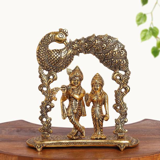 SMILES GIFT Gold-Plated Radha Krishna Idol with Peacock Arch Frame for Puja & Gifting Decorative Showpiece  -  20.32 cm