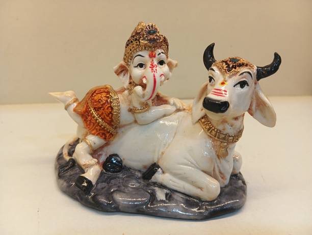 HEENA HOME DECOR Heena Home Decor Cow and Ganesha Idol, White and Gold Polyresin Decorative Showpiece  -  8 cm