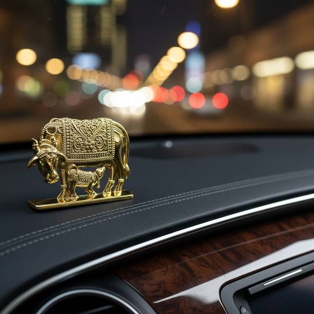 ringzinnie Kamdhenu Cow with Calf Metal Idol for Car Dashboard & Home Decor Mini Gau Mata Decorative Showpiece  -  4.5 cm