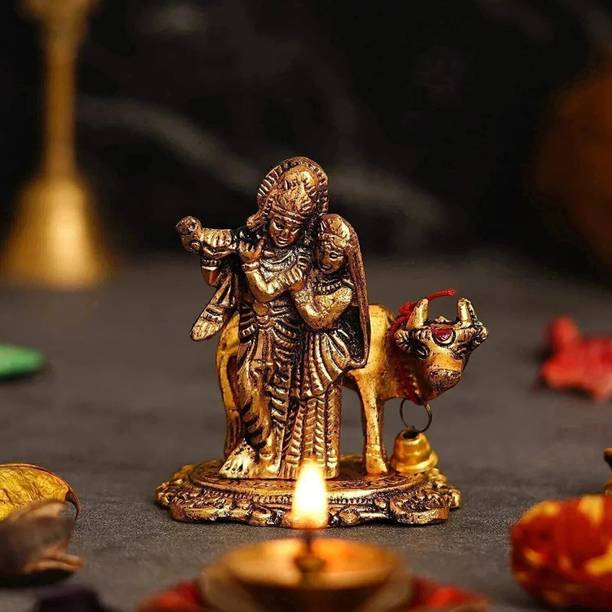 Koolwal craft Lord Radha Krishna Murti with Cow | Love Couple Statue of Radha Krishna ji Decorative Showpiece  -  9 cm