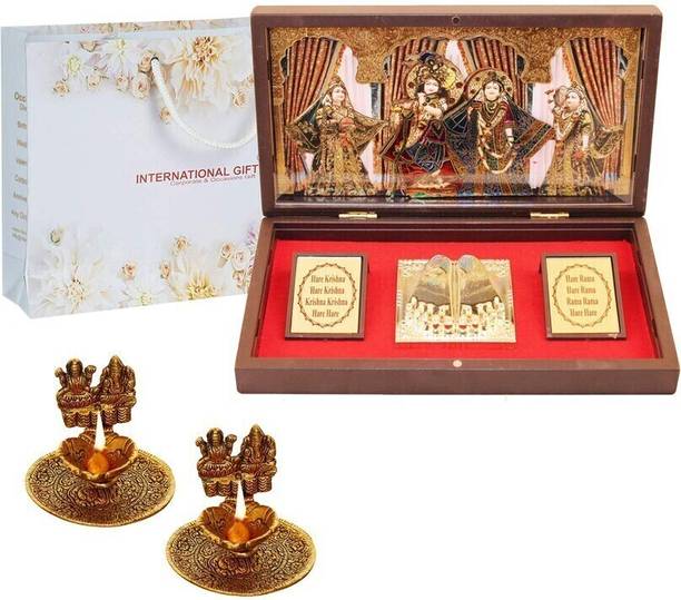 INTERNATIONAL GIFT Gold Plated Radha Krishna Idol Charan Paduka Box With 2 Diya | For Return Gfit Decorative Showpiece  -  4 cm