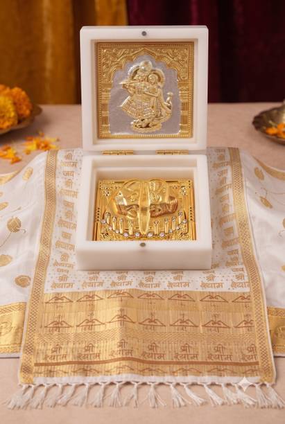 KRISHNAM TRENDS Radha Krishna Charan Paduka Gift Box with Shyam Baba stole. Gifting for Festive Decorative Showpiece  -  5 cm