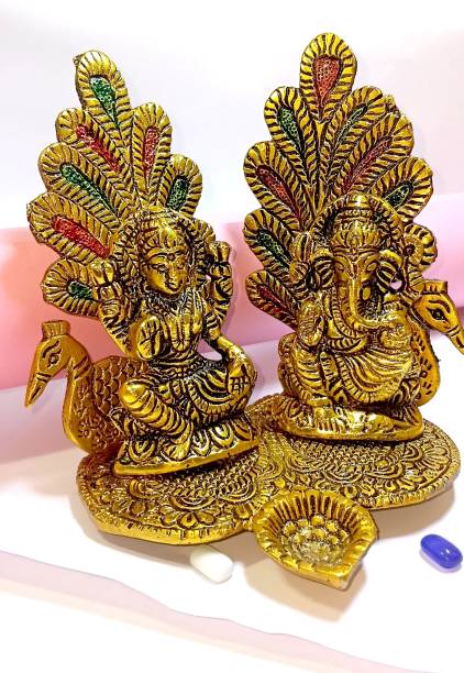 Rci Handicrafts Shri Laxmi Mata with Ganesh Ji Idol Peckock Singhasan Diya Set For Puja Decorative Showpiece  -  8 cm