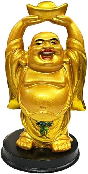 yogi Golden Laughing Buddha Holding Wealth Ingot – Feng Shui Figurine Decorative Showpiece  -  12 cm