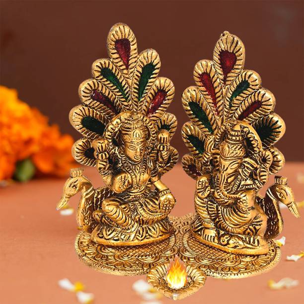 Kitlyn Brass Lakshmi Ganesh Idol with Diya Ganesh ji, Laxmi Ji Idol, Peacock Design Brass Table Diya