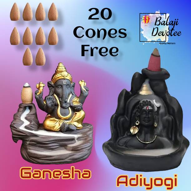 Namaha Lord Shiva Adiyogi & Ganesha Backflow Smoke Fountain Incense Holder with Cones Decorative Showpiece  -  12 cm