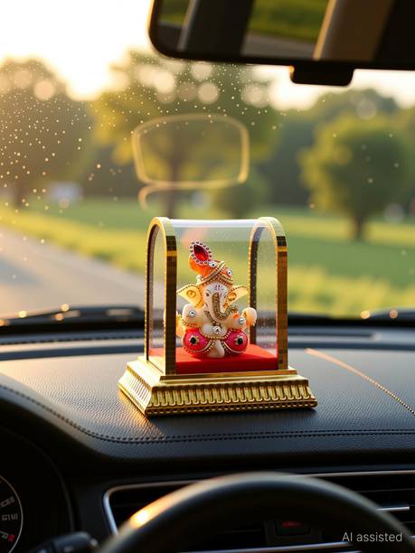 AAICON Lord Ganesh Idol Acrylic Glass Box for Car Dashboard Figurine (Left Side Trunk) Decorative Showpiece - 9 cm