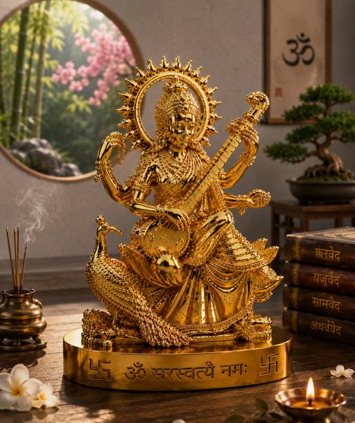 HUZUR JI TRADERS Golden Maa Saraswati Idol Statue for Home Temple Decorative Showpiece  -  10 cm