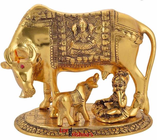 Monahandicraft Gold Plated Kamdhenu Cow,calf with Bal Gopal Krishna Metal Statue for Good Luck,Feng Shui As Table Top Figurine,Vastu,Religious Gau Mata idol Home,Office&Table Decorative Decorative Showpiece  -  10 cm