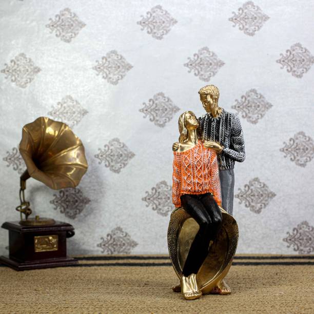 kishu Enterprises Romantic Couple Figurine with Vintage Gramophone – Decorative Gold Decorative Showpiece  -  10 cm