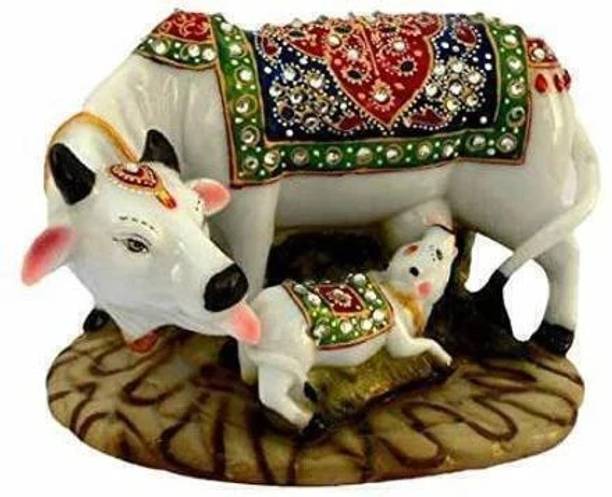 AfriHandicraft Decorative Cow and Calf Big Statue, Marble dust, Poly-Resin,Spiritual Vastu Nandi Pooja Figurine Sculpture, Kamdhenu Designer Stone Studded Gau MATA Animal Puja Idol Gift ans Home Decorative Showpiece  -  12.5 cm