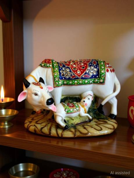 AROHI ENTERPRISES Decorative Marble dust/Polyresin Cow and Calf Big Statue/Idol for home decor Decorative Showpiece - 12 cm
