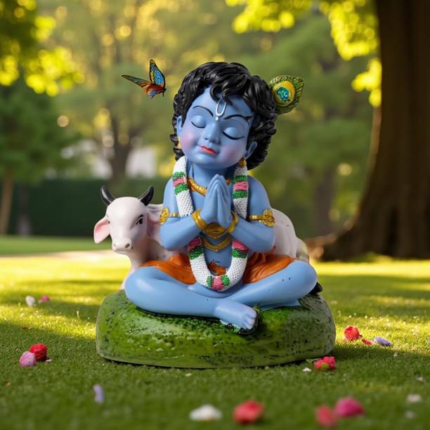Muskan Divine Baal Krishna With Cow For Car Dashboard and Home Decor or Gifting Decorative Showpiece - 8 cm
