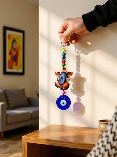 RADHE RADHE GANESHA IDOLS EVIL EYE HANGING WALL HANGING NAZAR BATTU WINDCHIME CAR Decorative Showpiece  -  15 cm