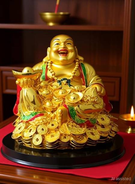 Goodmarts Feng Shui Polyresin Laughing Buddha Siitting on Money with Ingot Decorative Showpiece  -  25 cm