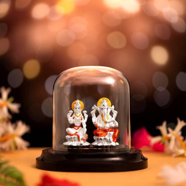 ZAVYA Divine Harmony Rhodium-Plated 999 Sterling Silver Ganesh &amp; Lakshmi Ji Idol Decorative Showpiece  -  9.5 cm