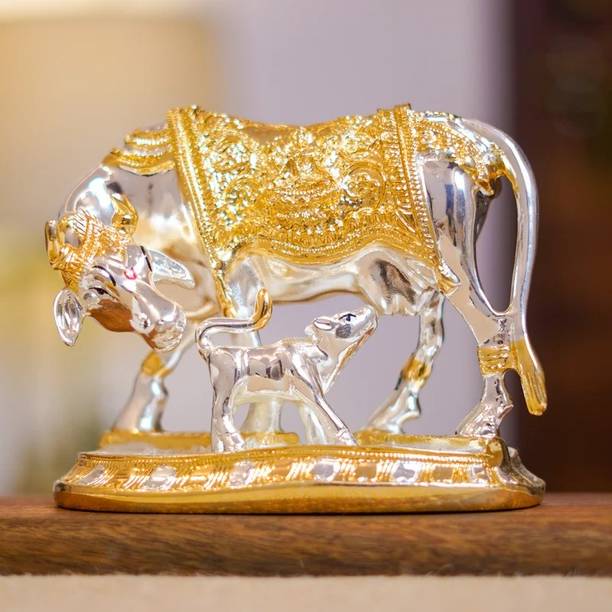 CHITRASHILA Kamdhenu Cow with Calf Idol – Gold & Silver Plated for Vastu & Positivity Decorative Showpiece  -  6 cm