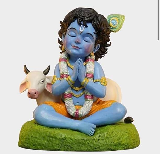 Decoriva Bal Krishna Idol with Cow for Car Dashboard, Home Temple & Office Table Decorative Showpiece  -  11 cm