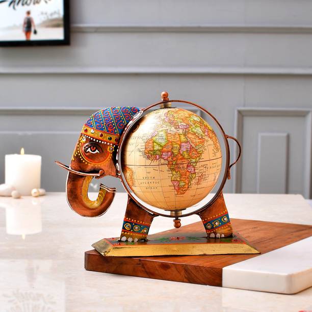 CraftVatika Metal Elephant Globe Showpiece – Home & Office Desk Décor and Gift Item Decorative Showpiece  -  21 cm