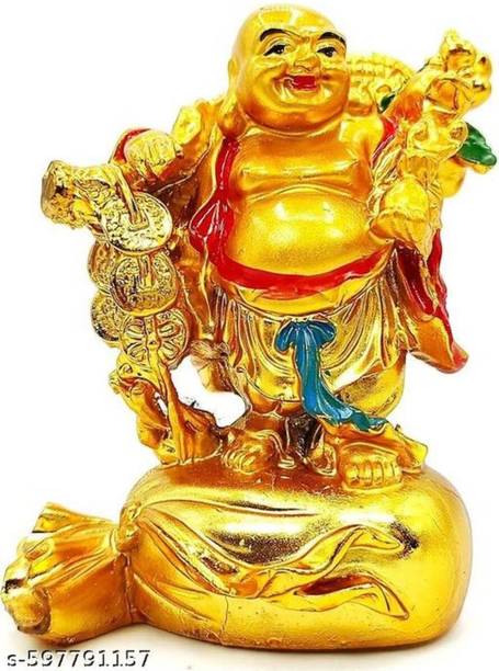 SS ARTS Money Bag Laughing Buddha with Coin Statue for Good Luck in your Home & Office Decorative Showpiece  -  8 cm