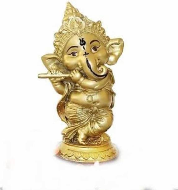 MORATER Lord Ganesha Idol Playing Bansuri God Ganesh Murti Statue Gift Showpiece Golden Decorative Showpiece  -  12 cm