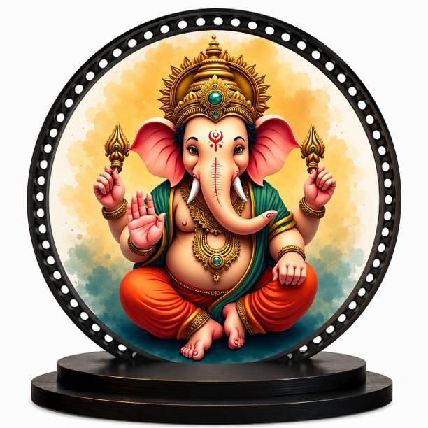 GIFTBHARAT Premium Lord Ganesha Wooden Circular Dashboard Decor Decorative Showpiece  -  10 cm