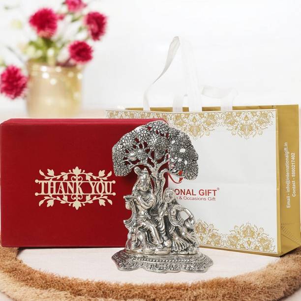INTERNATIONAL GIFT Silver Plated Radha Krishna Idol Tree | Thank You Tag With Box & Bag | For Pooja Decorative Showpiece  -  18 cm