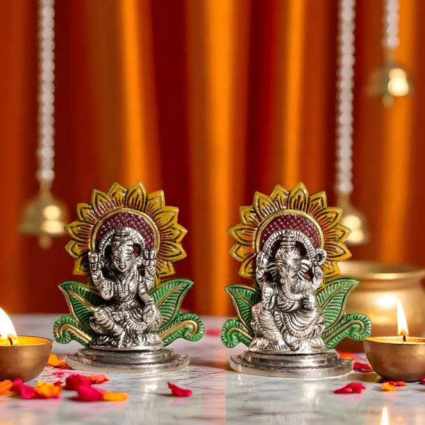 Art Street Colorful Metal Lakshmi Ganesha Silver Idol Brass Finished Pooja Idol Set Decorative Showpiece  -  12.7 cm
