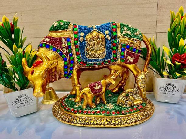 LABHCART Brass Golden Kamdhenu Cow with Calf, Vastu Gau MATA Idol Decorative Showpiece  -  20 cm
