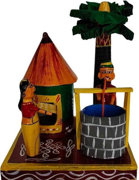 Artisanal Collection Handcrafted Rural Scene with Hut,Kondapalli Charming Wooden Village Set | Decorative Showpiece  -  30 cm