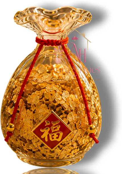 Aura & Hues Luxury Gold Leaf Filled Glass Luck/Fortune Bag with 24K GoldLeaf FengShui Wealth Decorative Showpiece  -  13 cm