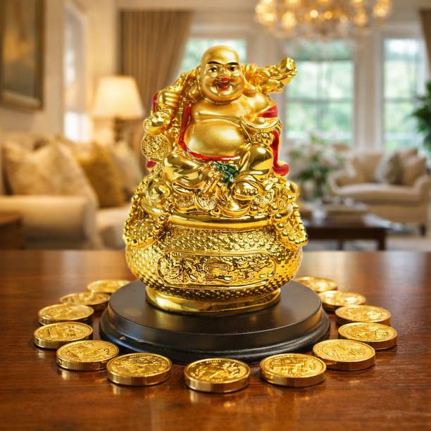IDOLO Laughing Buddha Idol | 4 Inch Laughing Buddha Statue for Money | Feng Shui Items Decorative Showpiece  -  10.2 cm