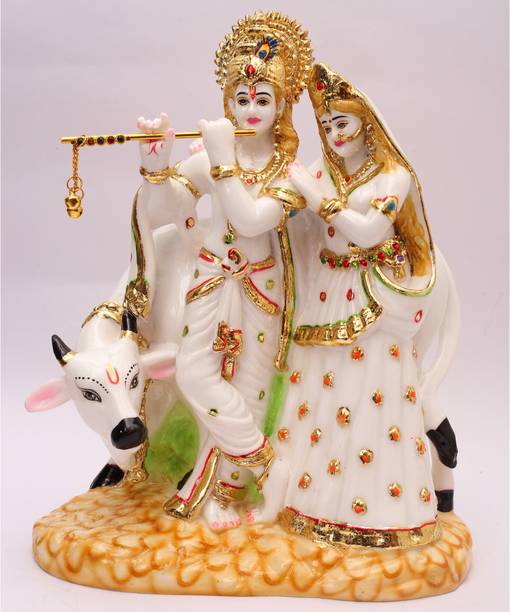 S patnaik Gold Plated Radha Krishna Statue Cultured Marble with Kamdhenu Cow Idol- 12 Inch Decorative Showpiece  -  30 cm