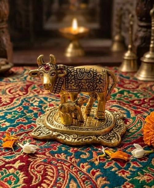 RB CREATION Traditional Brass Finish Kamdhenu Cow Calf Decorative Murti Home Temple Decorative Showpiece  -  11 cm