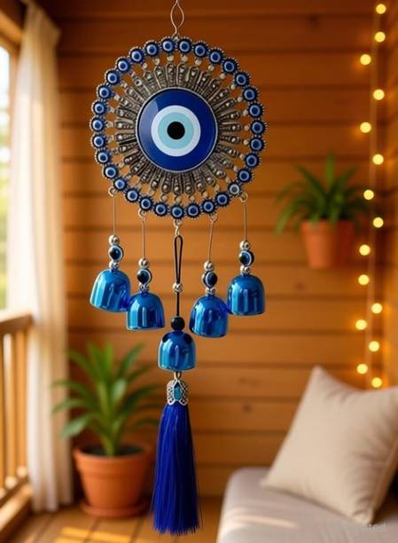 Divine Creations 5-Bell Evil Eye Wind Chime - Classic Design Hanging Ornament for Balcony Decorative Showpiece  -  30 cm