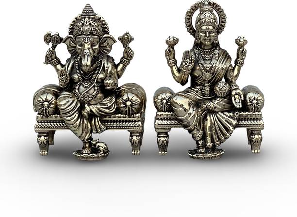 VIYURA Brass Lakshmi Ganesha Idol Set on Singhasan | 4 Inch | Murti for Pooja & Gifting Decorative Showpiece  -  10.16 cm