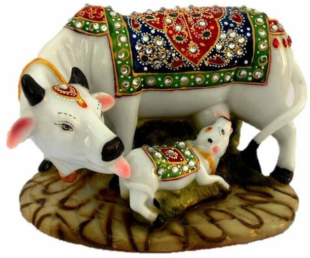 Ajmera Sales Polyresin Cow Calf Idols and Figurines|god idols | kamdhenu cow and calf डेकोरेटिव शोपीस - 5.5 cm