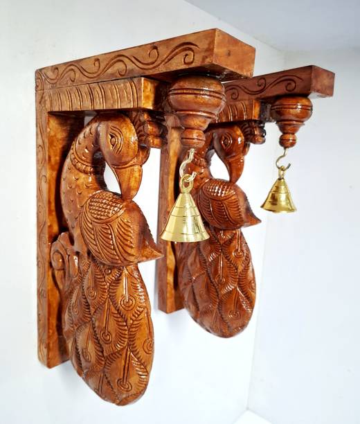 JlineArts Wooden Peacock Wall Bracket Pair 12 Inch Hand Carved Brown Decor Set Decorative Showpiece  -  30 cm