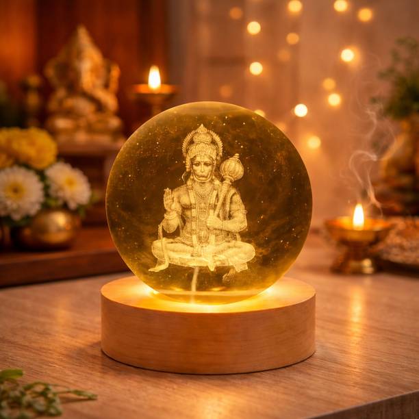 YCVARIYAENTERPRISE 3D Hanuman crystal ball LED night lamp with wooden base Decorative Showpiece  -  5 cm